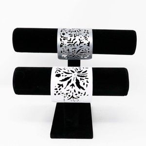 Floral Cutout Cuff Metal Bracelets White Silver